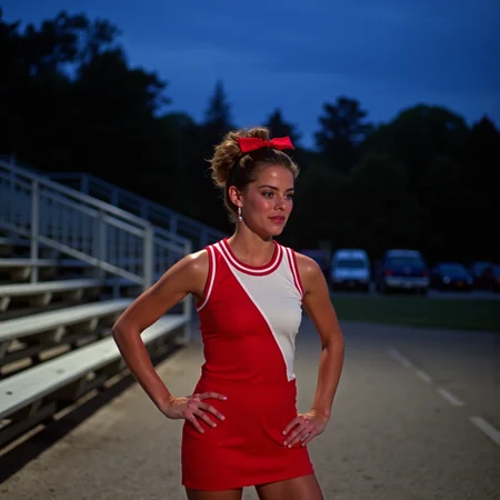 analog film photo 3/4 body shot on vintage Kodak film, a classic 80s cheerleader standing by the school bleachers under cool dusk light, bright red-and-white uniform hugging her athletic frame, voluminous high ponytail tied with a thick satin ribbon, flushed cheeks and soft shimmer eyeshadow, white sneakers scuffed from the court, one hand on hip and pom-poms dangling, subtle lens flare from the parking lot lights behind her, eerie cinematic pause as if frozen between scream and spotlight, beauty and tension balanced in analog stillness
<lora:final-girlsv2.1:0.9> fgsv3 . faded film, desaturated, 35mm photo, grainy, vignette, vintage, Kodachrome, Lomography, stained, highly detailed, found footage, RAW candid cinema, 16mm, color graded portra 400 film, remarkable color, ultra realistic, textured skin, remarkable detailed pupils, realistic dull skin noise, visible skin detail, skin fuzz, dry skin, shot with cinematic camera