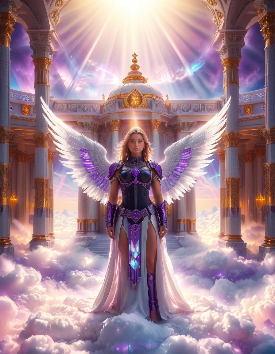 <lora:sky_t3mpl3:1>,cowboy shot,(looking at viewer:1.6),
A fierce warrior angel standing on clouds in front of a majestic celestial sky temple,sky t3mpl3.(arms behind back:1.3), She wears futuristic, sleek black armor with purple accents, blending fantasy and sci-fi elements. Her armor is adorned with glowing, purple gemstones at her chest and shoulders, radiating a soft light that matches the ethereal surroundings. Large, metallic angel wings with a high-tech design extend from her back, with white feathers and metallic frames, combining elegance with strength. She looks directly at the photographer with an intense, focused gaze, creating a powerful connection with the viewer. Behind her, the grand temple is made of gleaming, white stone and crystal pillars, floating among the clouds, illuminated by soft rays of heavenly light. The sky is filled with a soft pink and purple glow, casting a serene yet powerful atmosphere around this divine guardian.<lora:SDXLFaeTastic2400:0.4> <lora:extremely_detailed:0.4> extremely detailed,, Masterpiece,best quality,hi res,8k,hi res,8k,award winning,(sharp focus, intricate, highly detailed),