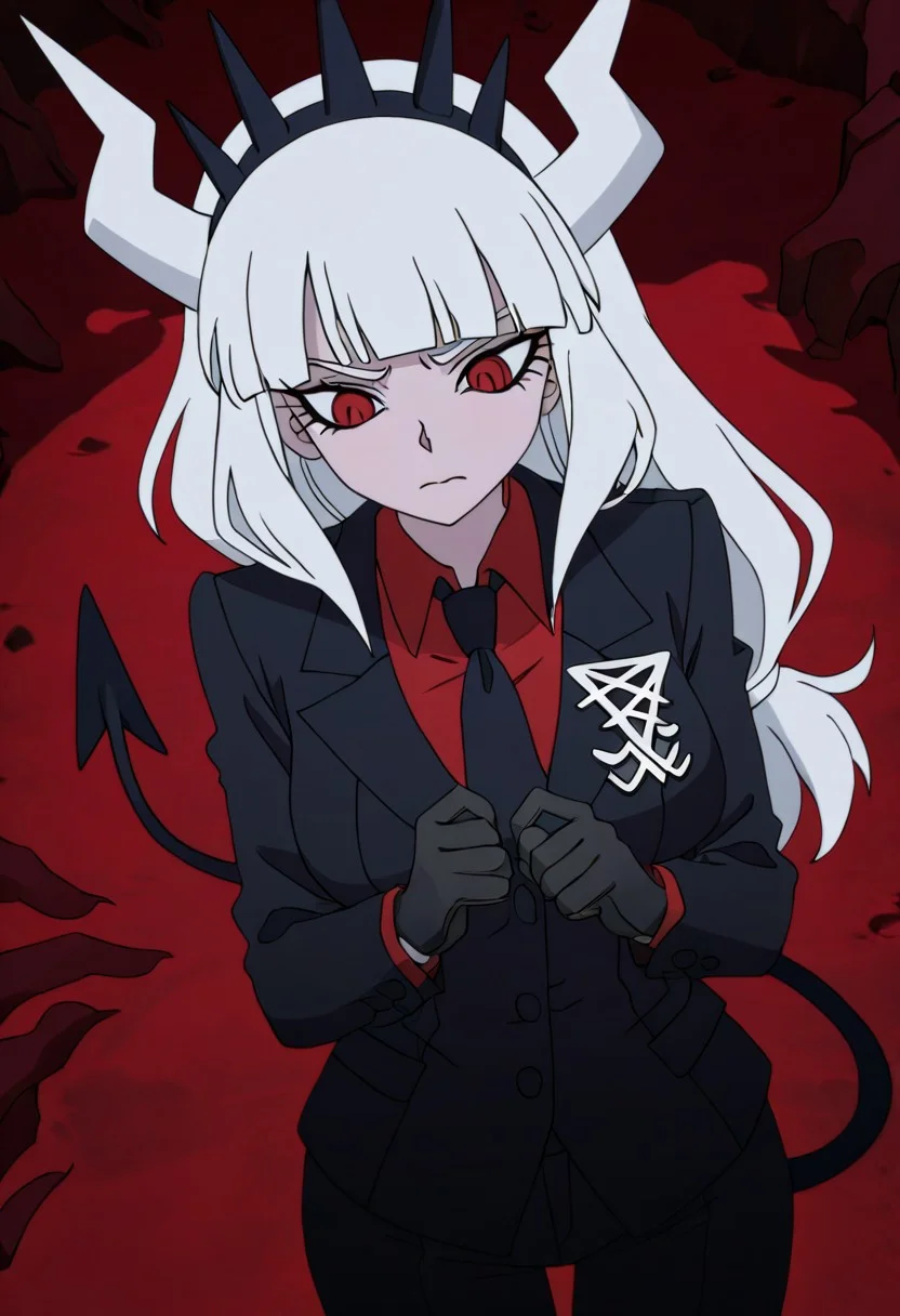 masterpiece, best quality, newest, absurdres, highres, vintage anime, 90s anime, DevManV1.0-IL, 1girl, lucifer \(helltaker\), black suit, red necktie, black collared shirt, black gloves, blunt bangs, demon horns, demon girl, demon tail, red eyes, white hair, long hair