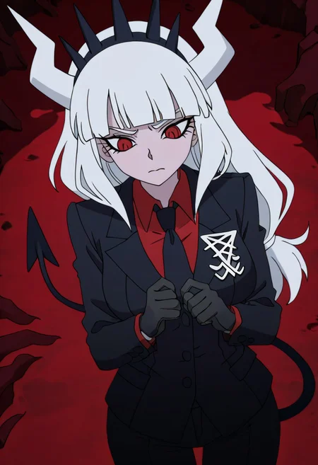 masterpiece, best quality, newest, absurdres, highres, vintage anime, 90s anime, DevManV1.0-IL, 1girl, lucifer \(helltaker\), black suit, red necktie, black collared shirt, black gloves, blunt bangs, demon horns, demon girl, demon tail, red eyes, white hair, long hair