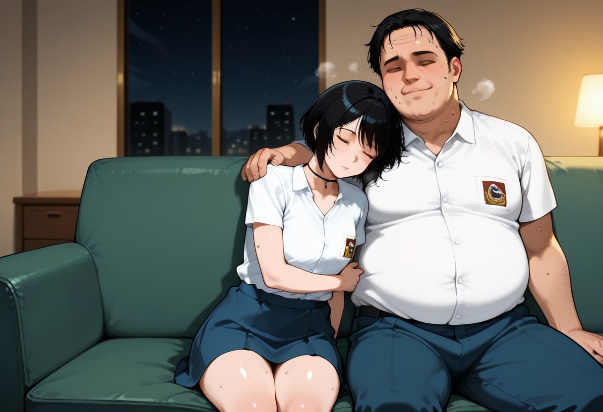 score_9, score_8_up, score_7_up, source_anime, masterpiece, high quality, best quality, highly detailed, insanely detailed, very aesthetic, absurdres, 1girl, 1guy, hetero, indoors, living room, sofa, at night, hot temperature, sultry room, depth of field, fallen asleep, wholesome,
BREAK, 
 1GIRL, LindawaifuIL, black hair, short hair, bob cut, brown eyes, choker, white shirt, collared shirt, emblem, short sleeves, blue skirt, (shiny skin, sweat), five fingers, sleeping, light smile, exhausted, tired, swelter, feeling hot, very sweaty skin, dripping sweat, sweating, steaming body, hugging, sitting on sofa,
BREAK, 
 1GUY, random guy, fat man, ugly man, white shirt, collared shirt, emblem, short sleeves, blue pants, sleeping, arm around another, sitting beside girl,