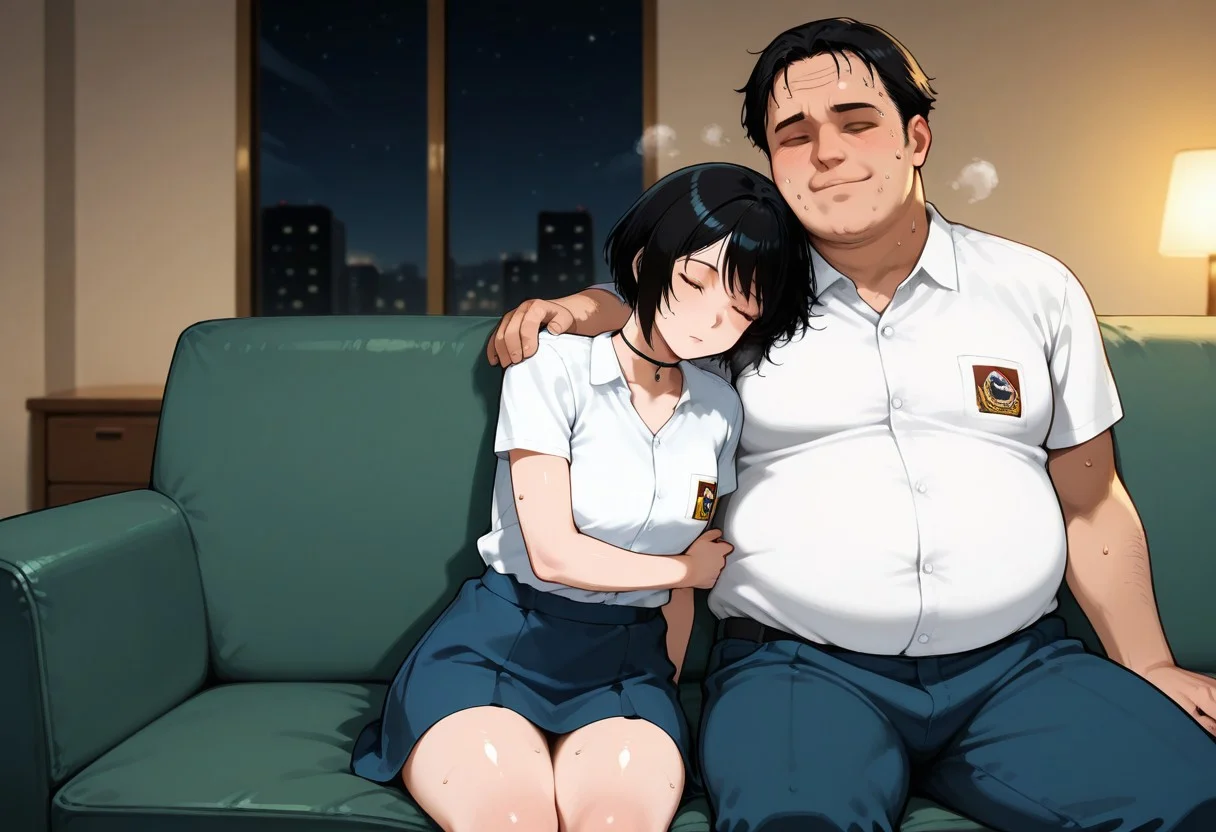 score_9, score_8_up, score_7_up, source_anime, masterpiece, high quality, best quality, highly detailed, insanely detailed, very aesthetic, absurdres, 1girl, 1guy, hetero, indoors, living room, sofa, at night, hot temperature, sultry room, depth of field, fallen asleep, wholesome,
BREAK, 
 1GIRL, LindawaifuIL, black hair, short hair, bob cut, brown eyes, choker, white shirt, collared shirt, emblem, short sleeves, blue skirt, (shiny skin, sweat), five fingers, sleeping, light smile, exhausted, tired, swelter, feeling hot, very sweaty skin, dripping sweat, sweating, steaming body, hugging, sitting on sofa,
BREAK, 
 1GUY, random guy, fat man, ugly man, white shirt, collared shirt, emblem, short sleeves, blue pants, sleeping, arm around another, sitting beside girl,