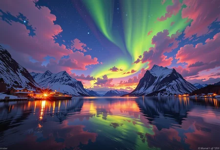 A serene Norwegian fjord bathes in the soft luminescence of winter night, snow-clad backdrop of towering fjord peaks that rise majestically towards the sky. The surrounding landscape is set ablaze by an ethereal display of multi-color hues from the aurora borealis, which dances across the celestial canvas in a swirling ballet of light and color. The air is heavy with an expectant quiet, as if time itself has paused to allow the gentle light from the stars flickering to dance upon the rippling waters, where a mirrored sheen reflects the beauty above. In this fleeting instant, all that exists is a poignant portrayal of the enchanting serenity of Nordic winter nights, where the undulating shadows cast by the aurora mingle with the soft ambient luminescence, as if bound together by an unseen thread of time., ultra-detailed, hyper-detailed, ambient lighting, volumetric lighting, (masterpiece), (Amazing quality), (phenomenal aesthetic), cinematic moment, 8K<lora:FLUX_Ghibsky_Illustrations.safetensors:0.8:1.0>