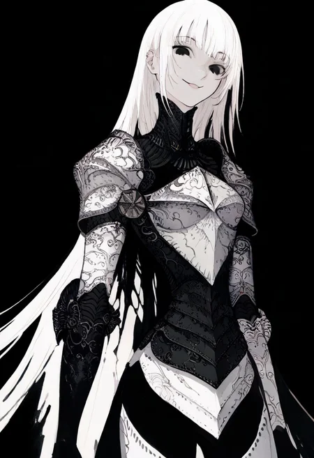 solo, looking at viewer, black eyes, black background, 1woman, long white hair, extremely pale skin, smirking, confident, white and black armor, masterpiece, best quality, very aesthetic, absurdres
<lora:monfornoob:0.95>