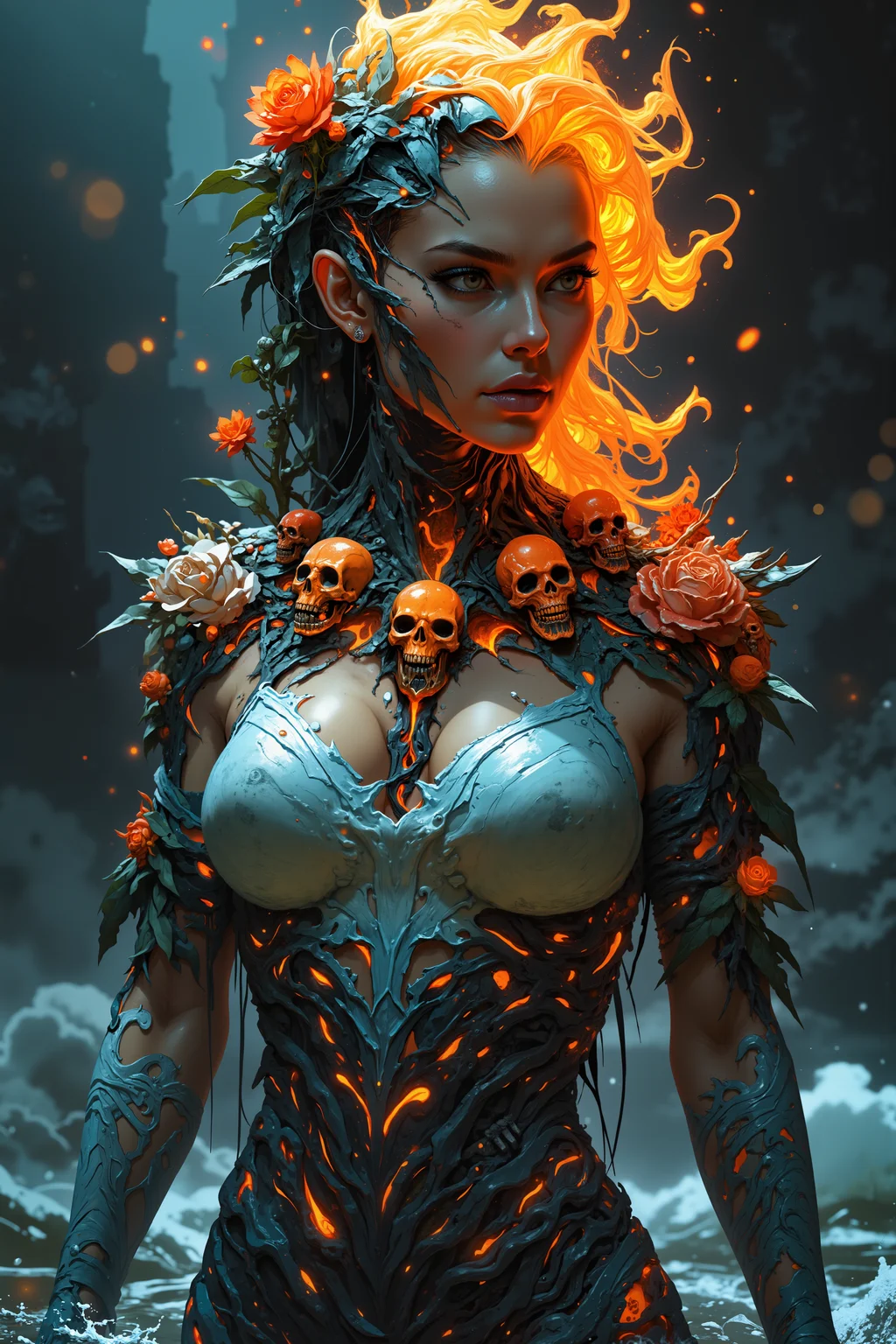 The womanâs body is a surreal blend of fire and water, her skin shimmering with the intensity of glowing embers while cool streams of water cascade down her figure like a waterfall. Flames flicker from her fingertips, and waves ripple from her every step, the two elements constantly intertwining. Her neck is adorned with a fiery necklace of skulls, each one glowing red-hot as if forged in the heart of a volcano. Fiery flowers sprout from her shoulders, their tips burning brightly, while her waist is wrapped in a belt of frozen leaves, crackling as the heat meets their icy surfaces. A soft mist rises around her, where fire and water clash, creating an aura of primal energy. Her breasts are covered by armor of rock.<lora:Anime v1.3:1.2>