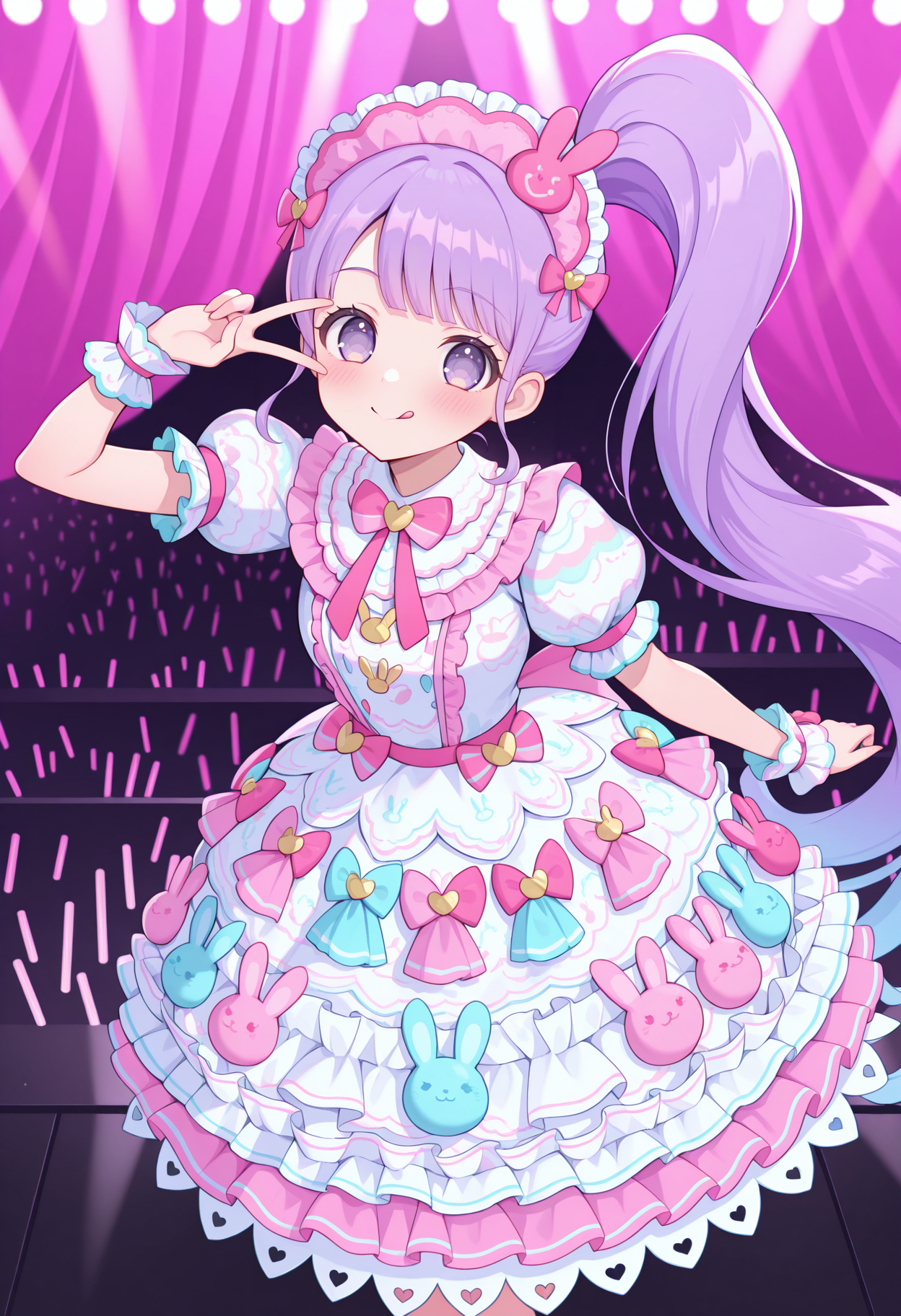 highres, best quality, masterpiece, stage, colorful, cute theme,
1girl, solo, pparanon, purple hair, side ponytail, very long hair, purple eyes,
pnonbny, pink headdress, frilled headwear, white dress, multicolored dress, pink bow, multicolored bow, puffy short sleeves, layered dress, print dress, dress bow, rabbit ornament, wrist cuffs,
looking at viewer, blush, smile,
standing, tongue out, v over eye, 
<lora:_non_manaka-elesico-ilxl-13:1>