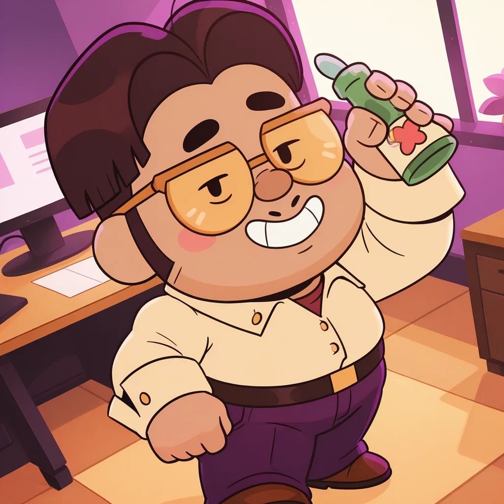 masterpice, amazing quality, best quality, colorful, detailed background, cinematic_abmience  <lora:bs-jaeyoung-v1-09:1> bs-jaeyoung, chibi, plump, 1boy, white shirt, red t-shirt, belt, purple pants, brown footwear, office, adjusting eyewear, smile, holding bottle, perspective, from above, half-closed eyes, dynamic angle, from side, looking at viewer,