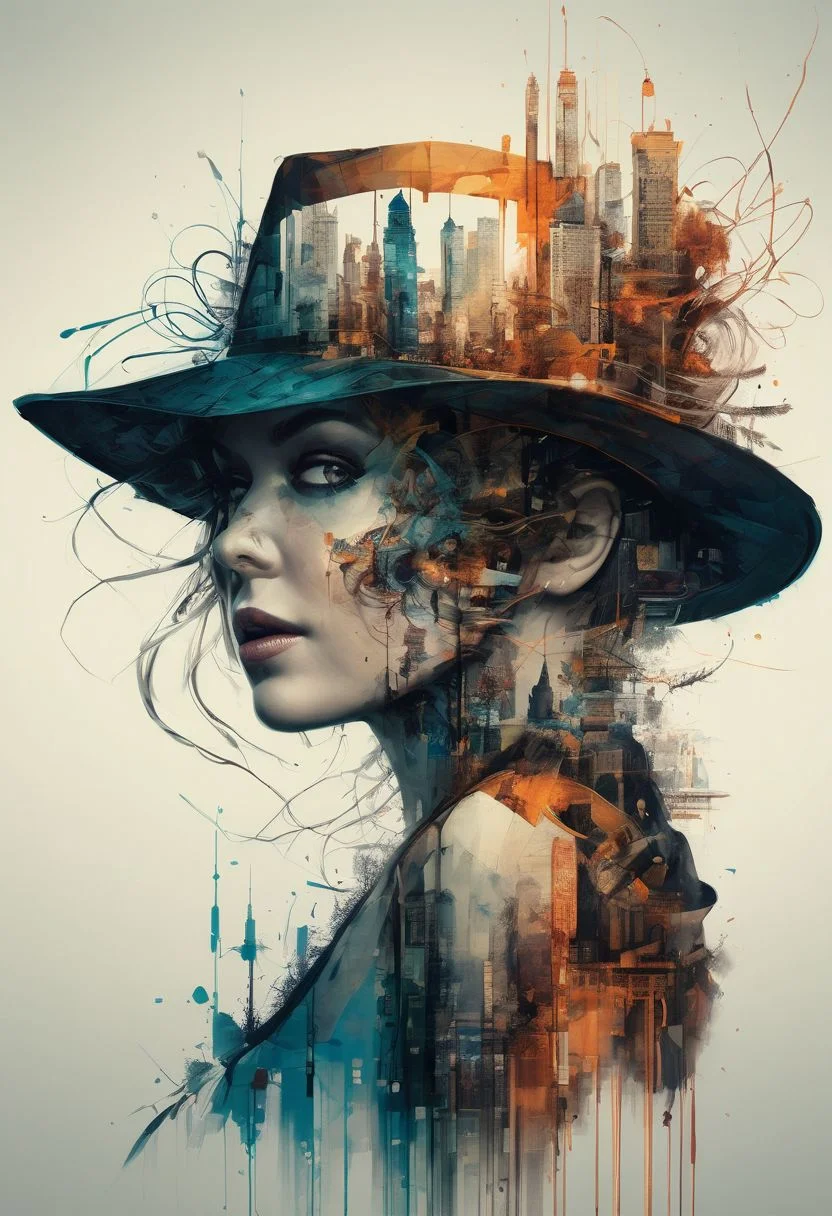 mysterious silhouette woman with hat, by Minjae Lee, Carne Griffiths, Emily Kell, Steve McCurry, Geoffroy Thoorens, Aaron Horkey, Jordan Grimmer, Greg Rutkowski, amazing depth, double exposure, surreal, geometric patterns, intricately detailed, bokeh, perfect balanced, deep fine borders, artistic photorealism , smooth, great masterwork by head of prompt engineering <lora:add-detail-xl:2> <lora:Double_Exposure:0.5>