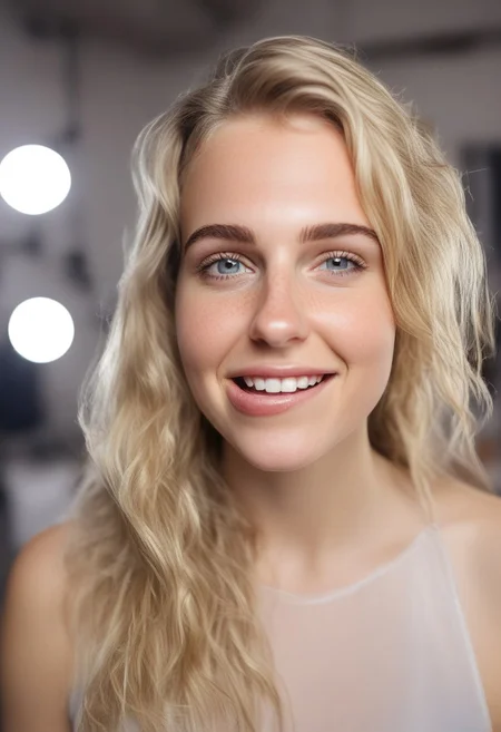 30yo american woman in a photostudio
Modeling High cut, high Quality Dress.
Slight makeup, heavy rimmel. Clear skin.  realistic skin style
Long messy stylish hair. 
Shooting light, indors, cable light
Studio background.
Winking, lip bite. Smiling. \(biting on own lips\)
Bokeh. Heavy Bokeh light.