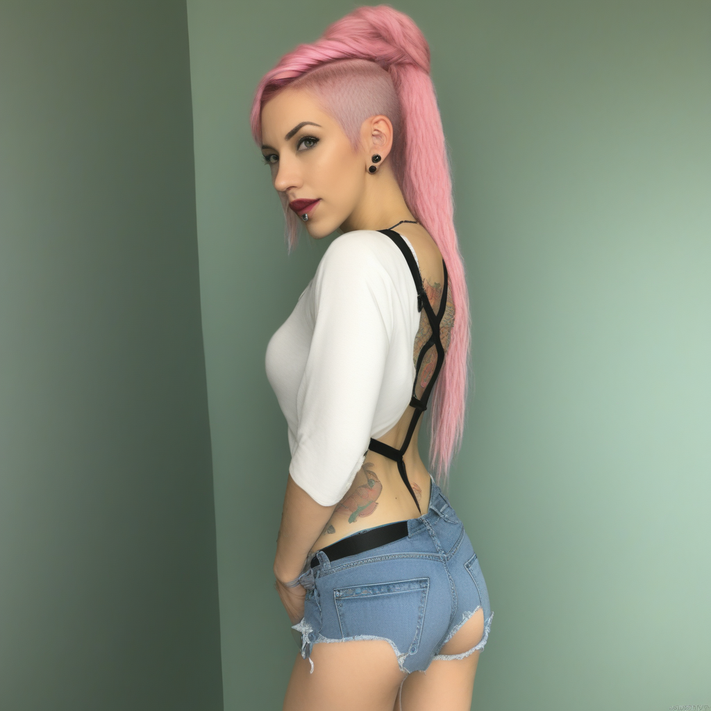 bookshelf, underwear, lips, vibrator, backless dress, piercing, cutoffs, twin braids, photo background, selfie, pink hair