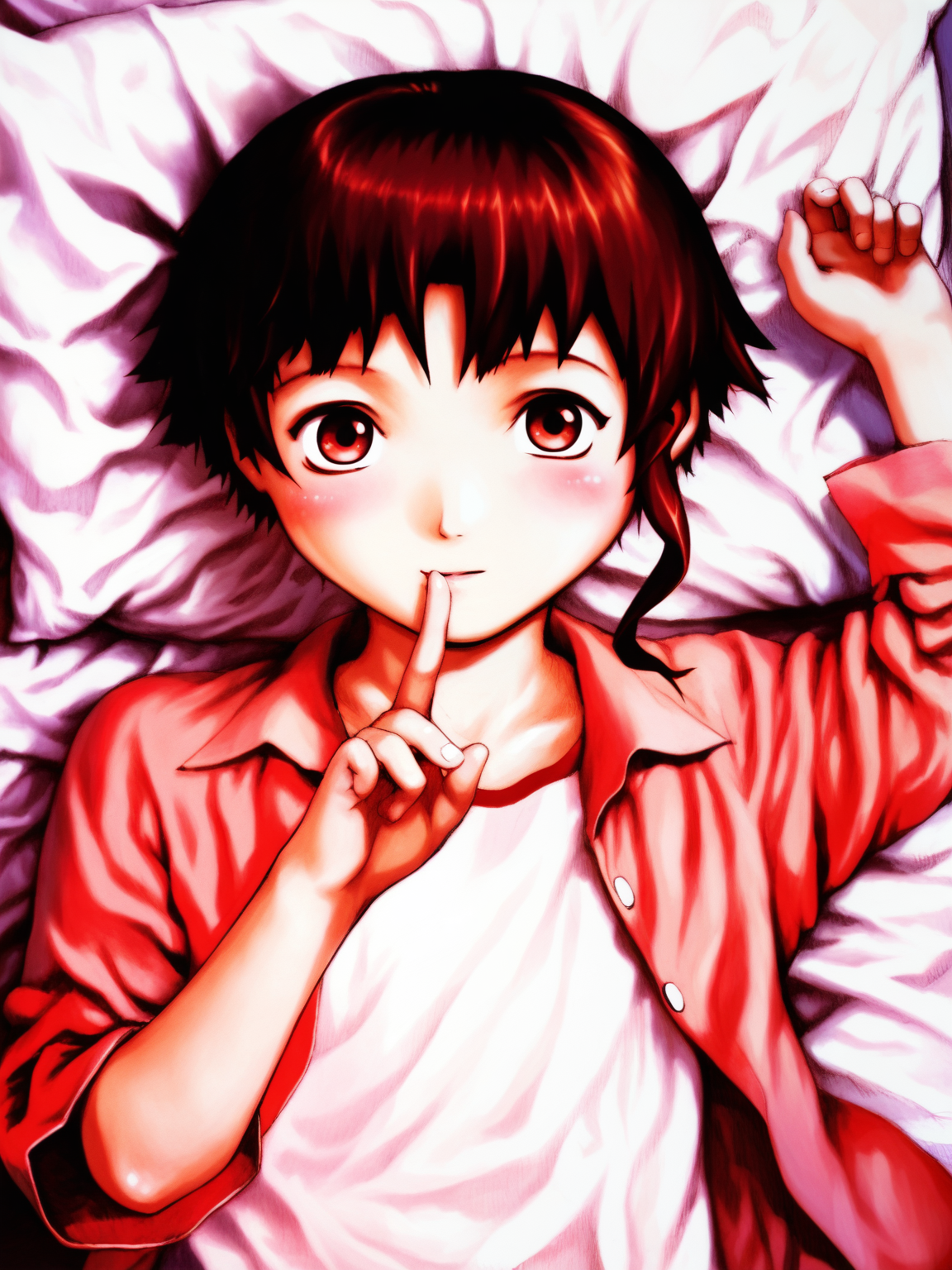 score_9, score_8_up, score_7_up, uncensored, BREAK, 1girl, <lora:yoshitoshi_ABe_Style_PDXLv1.1:1> abe yoshitoshi style, solo, brown hair, brown eyes, blush, looking at viewer, iwakura lain, cute pose, finger to mouth, on back, bed sheet,