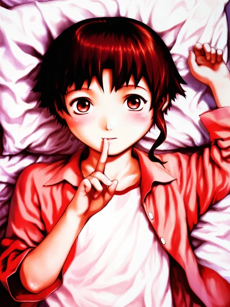 score_9, score_8_up, score_7_up, uncensored, BREAK, 1girl, <lora:yoshitoshi_ABe_Style_PDXLv1.1:1> abe yoshitoshi style, solo, brown hair, brown eyes, blush, looking at viewer, iwakura lain, cute pose, finger to mouth, on back, bed sheet,