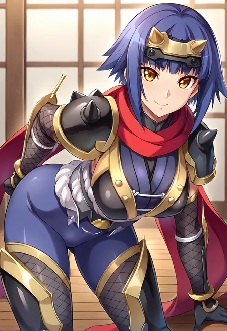 score_9, score_8_up, score_7_up, source_anime, masterpiece BREAK ct_k4guya, blue hair, short hair, large breasts, forehead protector, red scarf, blue bodysuit, armor, obi, shoulder armor, fishnets, elbow gloves, vambraces, greaves, looking at viewer, indoors, wooden floor, cowboy shot, leaning forward, smile,<lora:Kaguya_OnnaKanbu_Pony_ct:0.9>
