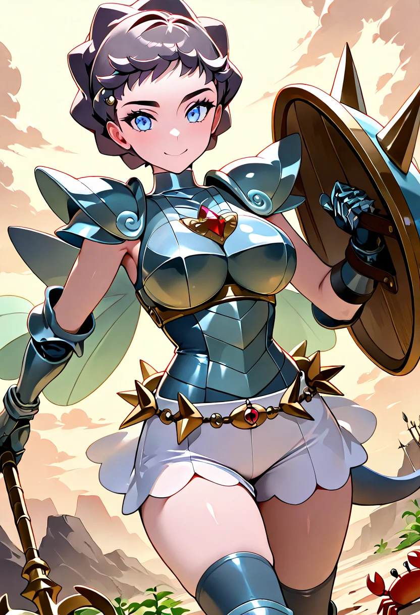 masterpiece, best quality,  curvy, beautiful eyes, narrow waist, wide hips, smile, looking at viewer, dynamic angle, foreshortening, close up,    zzDiantha, diantha (pokemon), blue eyes, grey hair, short hair, makeup, eyeshadow,  <lora:DianthaPokemon_IXL:1.0>  [Tideblade Knight], scale armor plating, barnacle-covered breastplate, oceanweed sash, shark-tooth pauldrons, heavy kelp cloak, clawed gauntlets, armored fin boots, crab-shell shield, spiked trident, oyster-shell belt buckle, sunken battlefield, battle-ready stance,