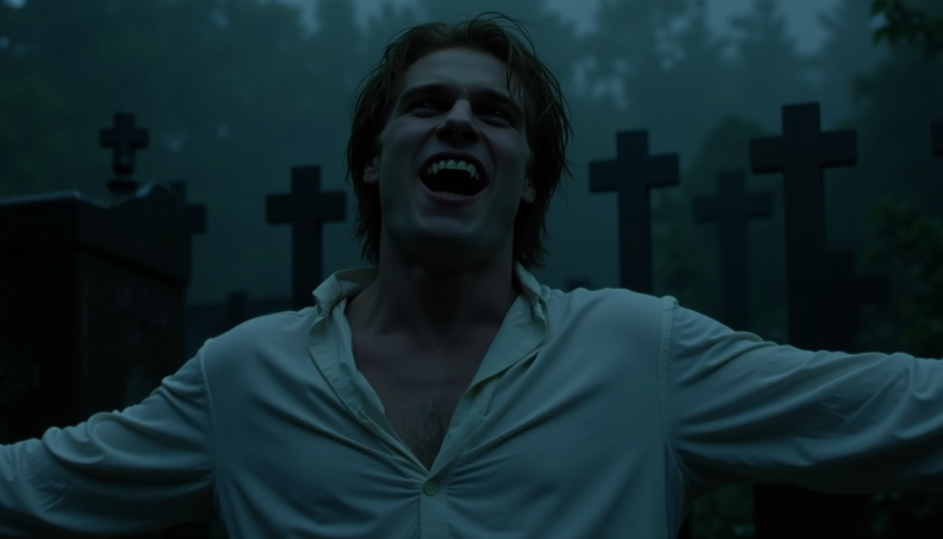 cinematic close-up shot of a young vampire man in a white nightshirt standing on a graveyard in 1800s in a rainy night, laughing showing fangs, pale skin, wet hair, arms spread, photorealistic <lora:iwtv_flux_1_0:1>