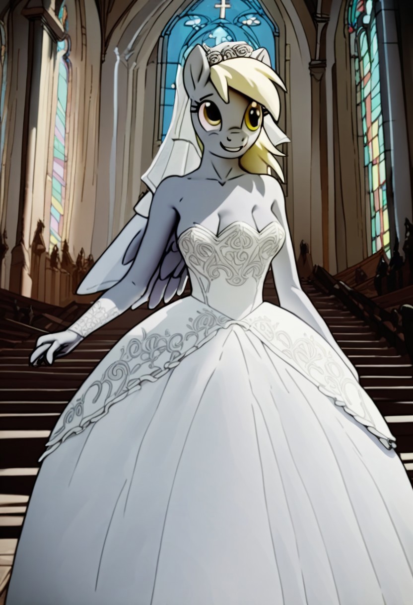 score_9, score_8_up, score_7_up, score_6_up, score_5_up, score_4_up, mab_style, anthro, derpy, bridal dress, church, three breasts, three tits,