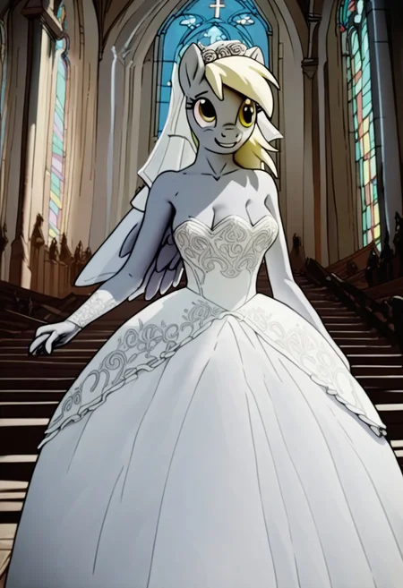 score_9, score_8_up, score_7_up, score_6_up, score_5_up, score_4_up, mab_style, anthro, derpy, bridal dress, church, three breasts, three tits,