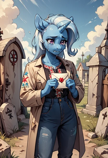 score_9, score_8_up, score_7_up, score_6_up, Trixie, anthro pony, female, solo, grey trenchcoat, Vyshyvanka, Ukrainian embroidered shirt, black embroidered shirt, denim pants, graveyard, envelope in hand, crying, tears <lora:Ukrainian_embroidered_shirt:1>
