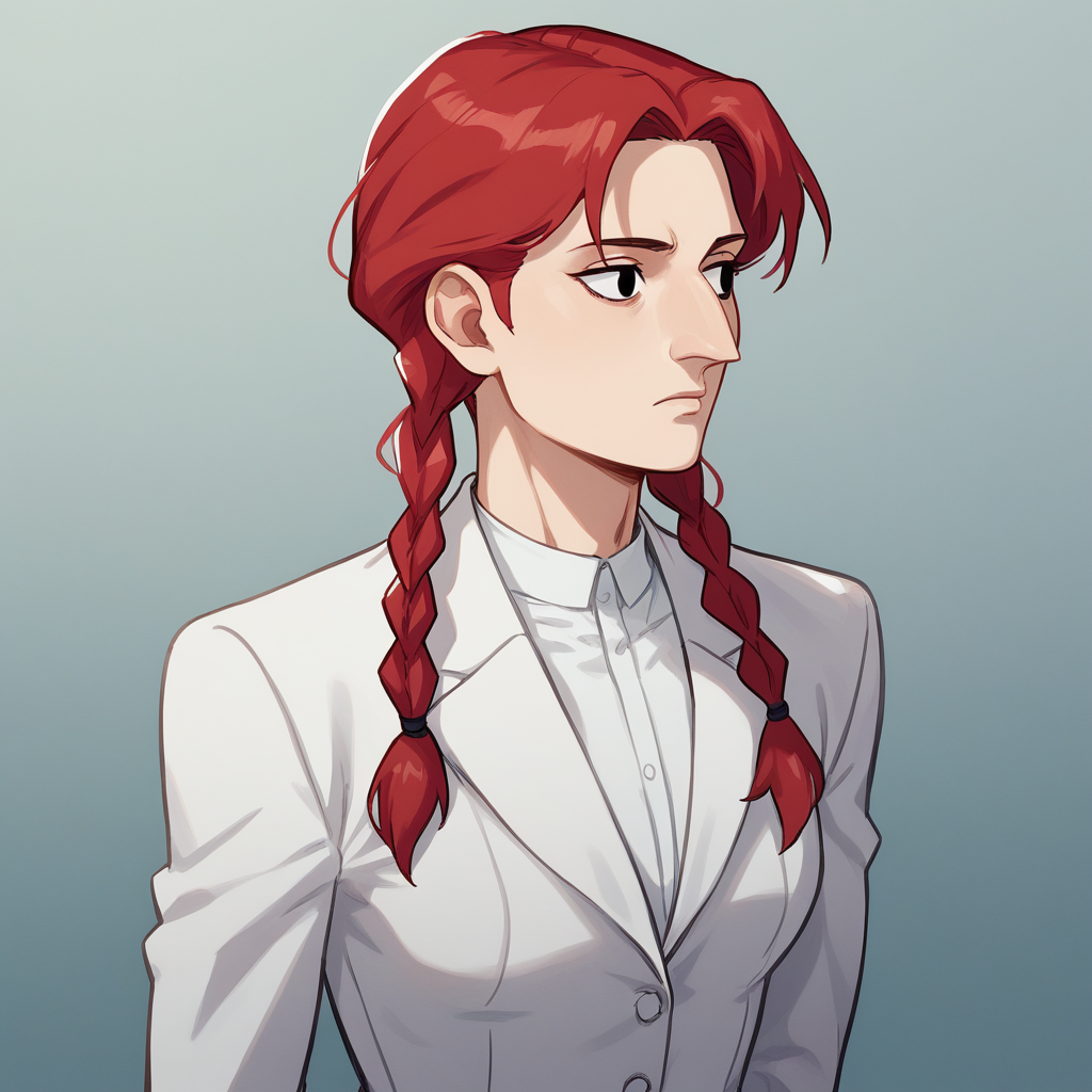score_8_up, BREAK, Aquiline Nose, 1girl, solo, red hair, twin braids, black eyes, white shirt, formal, suit, cowboy shot, arms at sides,  <lora:AquilineNose_PXL_Leaf1:1>, front,