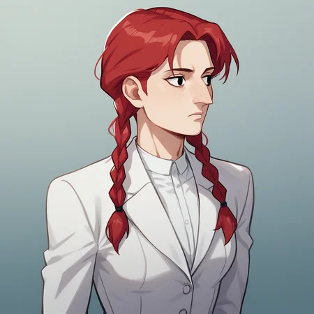 score_8_up, BREAK, Aquiline Nose, 1girl, solo, red hair, twin braids, black eyes, white shirt, formal, suit, cowboy shot, arms at sides,  <lora:AquilineNose_PXL_Leaf1:1>, front,
