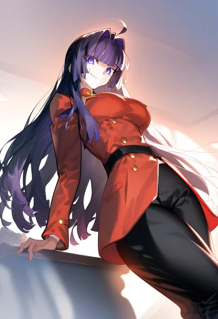 (score_9, score_8_up, score_7_up, source_anime) (masterpiece:1.2, best quality), (finely detailed eyes: 1.2) (ultra-detailed, hires), (detailed face, detailed eyes), (best illumination), detailed glow, high contrast, looking at viewer, ((solo)), emotionless, smile, squinted eyes, closed mouth, 1girl, solo, (large breasts, thin waist, wide hips), raiden_mei, ((dark_purple hair)), indigo eyes, long hair, blunt bangs, ((red peacoat, closed peacoat, black trousers)), face shot, cowboy shot, no background, empty background, (masterpiece, best quality, very aesthetic, absurdres), (ultra detailed perfect piece:1.2), illustration, masterpiece, (extremely detailed CG 8k), (very fine 8K CG), <lora:add-detail-xl:-1>