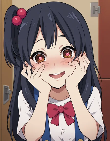 score_9, score_8_up, score_7_up, source_anime, <lora:anko-kitashirakawa-s1-ponyxl-lora-nochekaiser:1>, anko kitashirakawa, long hair, black hair, hair ornament, brown eyes, one side up, hair bobbles,, suspenders, shirt, white shirt, bowtie, red bowtie, buttons, shorts, blue shorts,, changing room, lockers, benches, clothes, privacy, smile, <lora:yandere-trance-ponyxl-lora-nochekaiser:1>, yandere trance, yandere, hands on own cheeks, hands on own face, crazy eyes, crazy smile, crazy, heart-shaped pupils, glowing eyes, symbol-shaped pupils, hand on own face, open mouth, glowing, blush, looking at viewer,, looking at viewer, solo,, dutch angle, cowboy shot