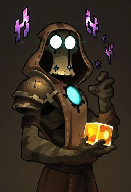(WakfuMMOArt, black outlines, thick outlines), upper body shot, upper body only, nox_wakfu, 1 boy, bandages, shoulder armor, robot, wide eyes, glowing eyes, mechanical, brown rags hood, brown rags robe, mysterious, menacing pose, holding cyan cube, glowing cube, simple background, bulky, side view, looking at viewer, masterpiece, best quality, very aesthetic,