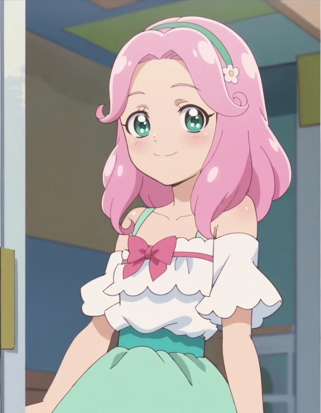 score_9, score_8_up, score_7_up, anime screencap, solo,1girl,hanamikotoha, green eyes,pink hair,pink bow,green skirt, hairband,white dress,bare shoulder,cowboy shot,smile,blush,looking at viewer,small breasts,<lora:hanamikotoha:0.8>