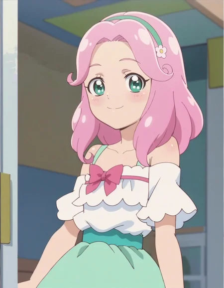 score_9, score_8_up, score_7_up, anime screencap, solo,1girl,hanamikotoha, green eyes,pink hair,pink bow,green skirt, hairband,white dress,bare shoulder,cowboy shot,smile,blush,looking at viewer,small breasts,<lora:hanamikotoha:0.8>