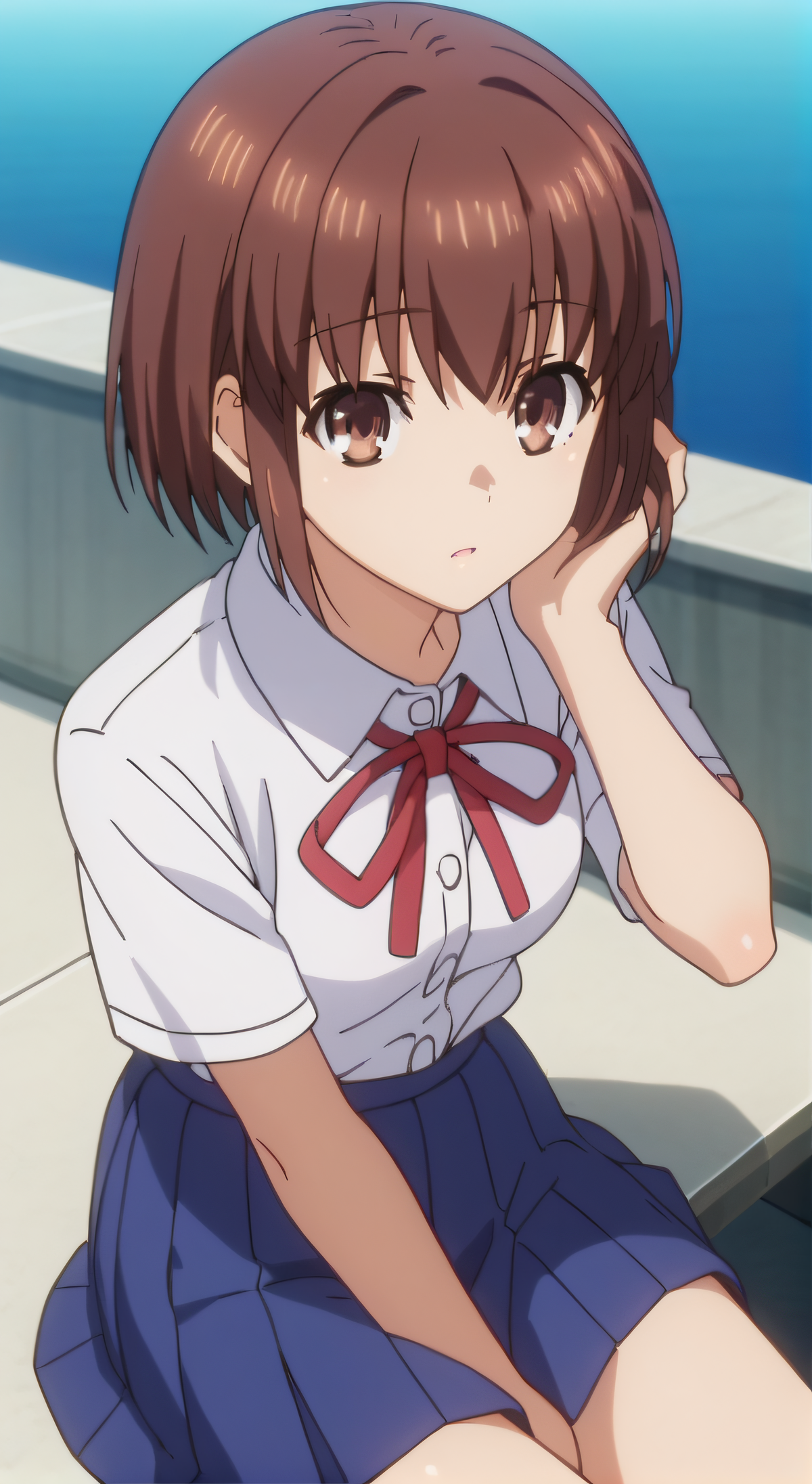 score_9, score_8_up, score_7_up, source_anime, rating_safe, intricate details, anime screencap, official style, anime coloring, 1girl, solo, <lora:Hazakura_Mai:1>, hazakuramai, brown hair, brown eyes, school uniform, white shirt, short sleeves, pleated skirt, blue skirt, thighs, looking at viewer, indoor, cowboy shot, sitting, from above, hand on hair, parted lips, outdoor, blue sky