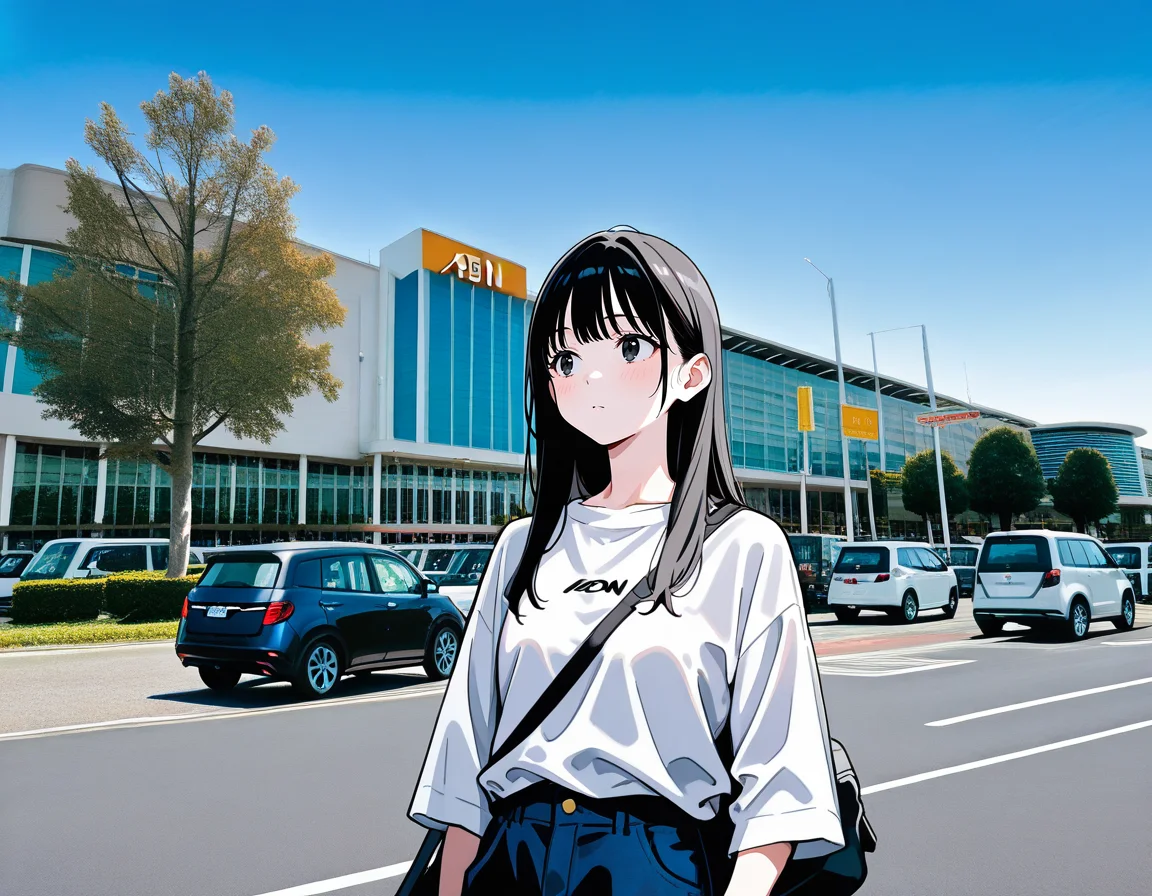 score_7_up, anime BREAK official art, solo, 1girl, one girl, 
Black hair, (chest length hair:1.2), Straight Hair, bangs, one tucked behind ear, black eyes, feature large highlight, feature double highlights, shaped eyeblow, 
<lora:Shopping_Mall-000006:1>, Shopping Mall, photo background, real world location, 
car, outdoors, sky, scenery, road, building, blue sky, vehicle focus, day, tree, sign, street, truck, building exterior, parking, 
(masterpiece:1.3), best quality, high resolution, unity 8k wallpaper, extremely detailed CG, 8K, (watercolor \(medium\), muted color, sketch:1.1), perfect anatomy, highly finished, masterpiece, best quality, high quality, amazing quality, great quality, very aesthetic, ultra detailed, highres, absurdres, highly detailed, highly detailed background,
