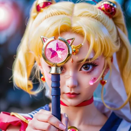 a Sailor Moon  holding a magic wand in her hand , <lora:weaponface:0.85>  ,close up