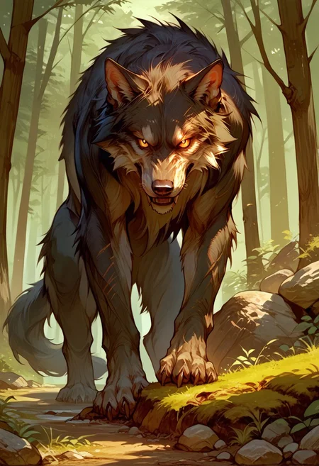 score_9, score_8_up, score_7_up, source_anime, solo, looking at the viewer, ( Giant wolf, black fur, tail), scary, simple background, (detailed image, high resolution, 5k resolution:1.0),  (forest, rocks, plants)