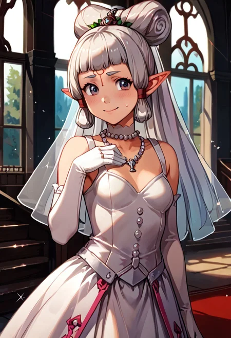 score_9, score_8_up, score_7_up, score_6_up, score_5_up, score_4_up, source_anime, , (best quality) , (highly detailed) , (best quality) , (highly detailed) ,((masterpiece)), ((best quality)), (ultra-detailed), ((extremely detailed)), (high resolution), 4K, (8K), best quality, (beautiful), (dynamic lighting), (super detailed skin), sharp focus, (1_girl, solo focus), masterpiece ,absurdres ,detailed face ,beautiful face , paya, elf ears, pointy ears, Dark skin, high ponytail, Dark Skinned Female
blush,bride, wedding dress, bridal veil, white dress, tiara, pearl necklace, indoors, church, sunlight, light rays, (light particles), elbow gloves, white gloves, garter straps, white thighhighs, gothic architecture, pillar, arch, smile, closed mouth, blush, sweatdrop, wedding ring, wedding,
(portrait, upper body), OverallDetail,