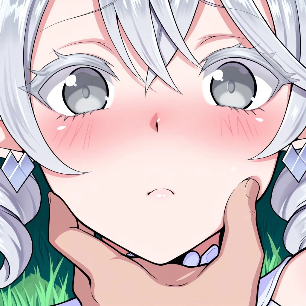 (masterpiece, best quality), amazing quality, very aesthetic, absurdres, newest, scenery,
1girl, solo, LovelyLabrynthOfTheSilverCastleYu-Gi-Oh, grey eyes, colored eyelashes,
face focus, solo focus, male hand grabbing chin,
confused, blush,