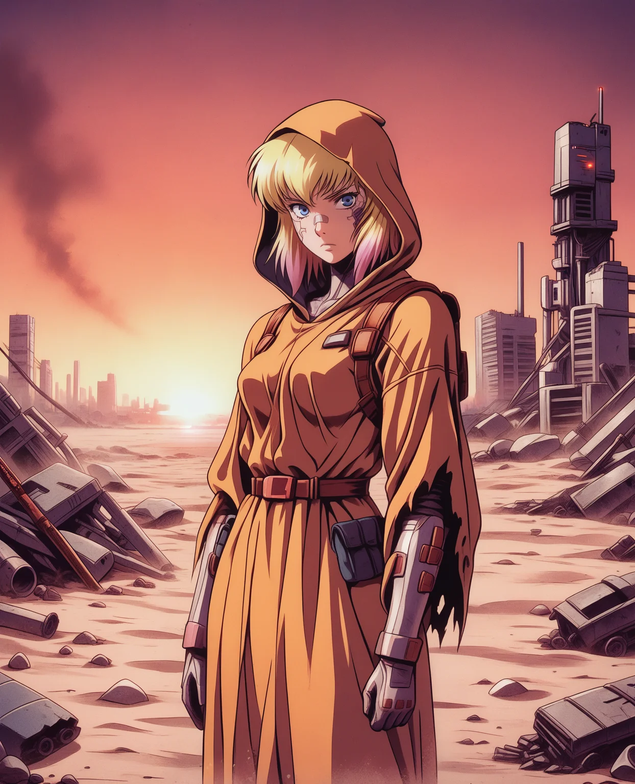 1girl, woman, female focus, a woman with blonde pink gradient hair and blue eyes standing in the remnants of a dystopian ruined city, rubble, mechanical parts, cyborg, GwenpoolSDXL, breasts, medium breasts, destruction, sand, sandstorm, desert, dunes, hood, cloak, loose clothes, robe, looking at viewer, jewelry, superhero, gloves, belt, bandaid on nose, bandaid, animification, pouch, weapon, sword, torn clothes,
(science fiction), wide shot, painting, complementary colors, dimly lit, warm colors, ruined city, dusk, sunset, orange light, orange colors, orange theme, standing, outdoors, sky, glowing, ruined city, abandoned city, depth of field, (cyberpunk) art, neogeo, saturated, high contrast, halftone, sharp edges, sharp outlines, cel shading, source_anime,
<lora:RetroAnimeRedux_epoch_10:1> <lora:OldAnimeStyle_XL_v3:.5> Vintage, 1990s \(style\) <lora:GwenpoolSDXL:.9>