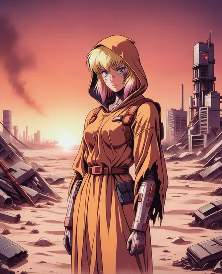 1girl, woman, female focus, a woman with blonde pink gradient hair and blue eyes standing in the remnants of a dystopian ruined city, rubble, mechanical parts, cyborg, GwenpoolSDXL, breasts, medium breasts, destruction, sand, sandstorm, desert, dunes, hood, cloak, loose clothes, robe, looking at viewer, jewelry, superhero, gloves, belt, bandaid on nose, bandaid, animification, pouch, weapon, sword, torn clothes,
(science fiction), wide shot, painting, complementary colors, dimly lit, warm colors, ruined city, dusk, sunset, orange light, orange colors, orange theme, standing, outdoors, sky, glowing, ruined city, abandoned city, depth of field, (cyberpunk) art, neogeo, saturated, high contrast, halftone, sharp edges, sharp outlines, cel shading, source_anime,
<lora:RetroAnimeRedux_epoch_10:1> <lora:OldAnimeStyle_XL_v3:.5> Vintage, 1990s \(style\) <lora:GwenpoolSDXL:.9>