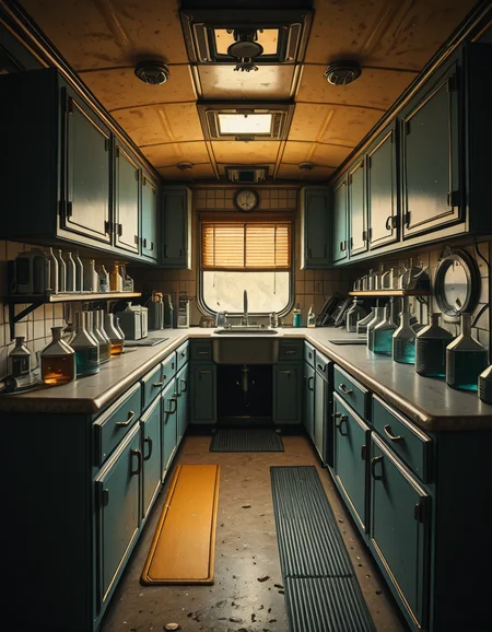 The interior of an old RV converted into a clandestine drug laboratory, inspired by the TV series Breaking Bad. The space is cramped and messy, filled with scientific equipment, glass beakers, flasks, burners, chemical containers, and lab tools scattered around. The walls are aged and stained, with peeling wallpaper and old metallic cabinets. A small sink area is cluttered with dirty lab glassware. The lighting is dim and tinted yellow, with sunlight barely filtering through dusty blinds. The floor is grimy, with a mix of rubber mats and worn carpet. The overall atmosphere is tense and gritty, capturing a sense of secrecy and danger. Hyper-realistic style, cinematic composition, rich in textures and shadows.
<lora:SDXLFaeTastic2400:0.4> <lora:extremely_detailed:0.4> extremely detailed,old RV drug l4b0r4t0ry, <lora:old_RV_drug_l4b0r4t0ry-i:1>, Masterpiece,best quality,hi res,8k,hi res,8k,award winning,(sharp focus, intricate, highly detailed),