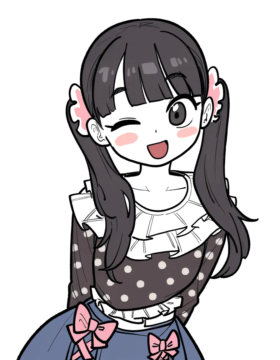 (wujurana:0.6),white background,simple background,open mouth,smile,wink,upper body,<lora:lijing_noob:1>,skin1,lijing,1girl,solo,twintails,black hair,black eyes,bangs,hair ornament,polka dot,skirt,frills,
masterpiece,best quality,very aesthetic,absurdres,