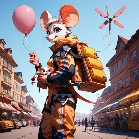 score_9, score_8_up, score_7_up, source_anime, Anthro mouse, B3ck13M0us3, standing, smiling, wearing bridgesuit, holding pink balloon, super market, looking at viewer, backpack, produce, from below,
