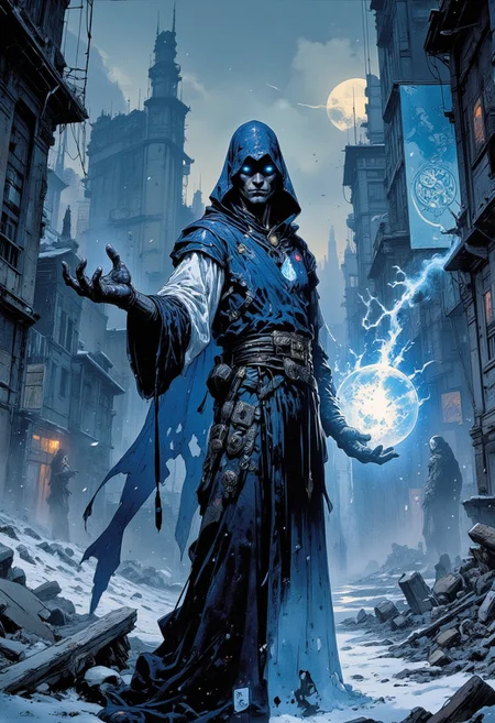 A serene and enigmatic figure stands in the foreground, exuding an ethereal presence. They are draped in flowing robes of deep indigo and shimmering silver, adorned with faint, glowing patterns that resemble constellations. Their pose is graceful yet purposeful, with one hand extended outward, channeling a translucent sphere of mystical energy that ripples faintly. The other hand rests at their side, fingers trailing faint threads of light that fade into the air.
The background reveals a ruined cityscape cloaked in perpetual dusk, the skyline broken by jagged, crumbling buildings. Dim blue light emanates from cracks in the ground, and faint, glowing sigils hover in the air, adding a supernatural atmosphere. Snow gently falls, blanketing the ruins in silence, while a distant figure emerges from the mist.
The perspective is slightly low and focused on the Aetherial, emphasizing their mystical and otherworldly nature. Their hood obscures part of their face, but glowing eyes shine through, calm and unyielding. Around them, the air shimmers faintly, as if bending to their will, creating an image of quiet power and supernatural grace.
