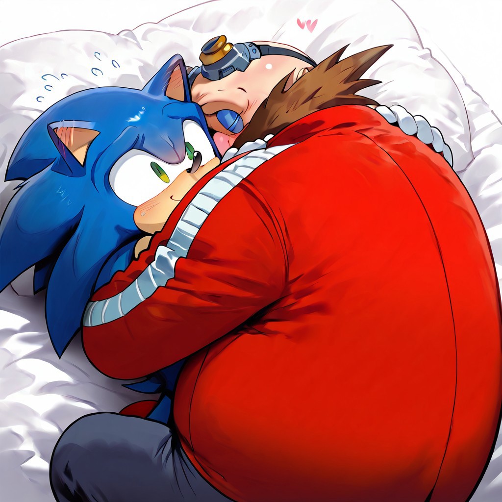 Style-Cuddles, cuddling, cuddling in bed, in bed, soft blush, cute, masterpiece, highres, absurdres, highres, fur, comfy, easynegative, expressive, aesthetic, high resolution, ((perfect face, proper anatomy, perfect proportions)), 
((duo only)), ((Dr Eggman and Sonic the Hedgehog)), 
 ((size difference)), high resolution, cute, ((perfect face, proper anatomy, perfect proportions)), blushing, ((bald human male and anthro hedgehog)), laying in bed, cuddling, furry with non-furry
[((Dr Eggman)), Eggman, 1boy, 1man, gloves, glasses, white gloves, auburn facial hair, round glasses, goggles on head, (mustache), bald head, red military jacket, black boots and pants, tall male, handsome male, nervous eggman]
((furry blue hedgehog)), 1boy, 1man, Sonic_the_Hedgehog, blue fur, green eyes, white gloves, red sneakers, smirking sonic