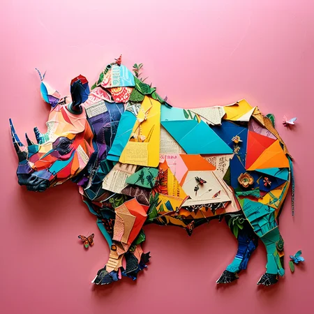 ultra hd quality, high quality pop art nature-inspired mixed media artwork resembling a rhino crafted from multi-coloured pieces of papers, The overall artwork seems to be a creative representation of nature, blending the organic form of a rhino with the man-made materials of paper and wood, <lora:TQ_-_Newspaper_Style:1>, geometric golden ratio, japanese-inspired aesthetic, realistic detail, simplistic and minimalistic, predominantly against a bright pink pop-art background. The rhino's body is intricately, Surreal Harmony, ImgFixerPre0.3 , <lora:add-detail-xl:0.5> Surreal Harmony <lora:Surreal Harmony:0.75>, <lora:detailed_notrigger:0.9> OverallDetailXL, <lora:xl_more_art-full_v1:0.5> , <lora:Surreal_World:0.85>