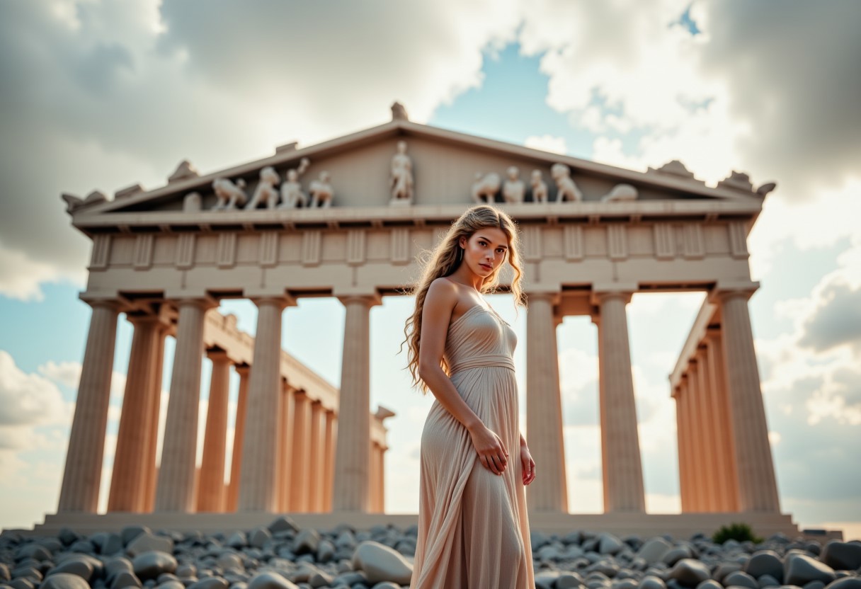 the most realistic, photorealistic photo ever taken [(greek goddess athena:1.5) standing in front of (THE PARTHENON:1.5) in the clouds, , a dream world shifting landscapes, and mythological creatures, Captured with a Hasselblad X2D 100C and an 80mm f/1.9 lens, hyper-realistic textures, soft studio lighting, elegant shadows, styled for a Vogue beauty editorial, incredible realism, creamy bokeh, ultra-detailed textures, perfect lighting], aidmaimageupgrader