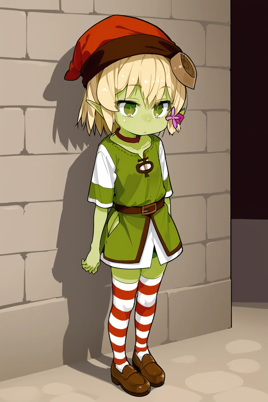 wasabi,yellow hair,green eyes,green skin,colored skin,pointy ears,goblin girls,red hat,1girl,solo,flower,short hair,<lora:wasabi:0.7>,full body,striped thighhighs,brown shoes,standing,