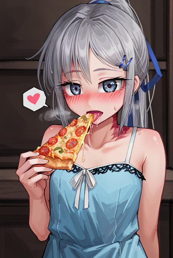 score 9,score 8 up,score 7 up,rating questionable,detailed background,aroused,cinematic lighting,dynamic lighting,uncensored,
,sylvie <lora:sylvie.pony:1>
steaming body,sensual,alluring,sweatdrop,heavy breathing,(spoken heart),silver hair, ponytail,blue ribbon, 
blue-dress,sleeveless, 
hud_e4ting,holding pizza slice,holding food,eating,<lora:eating_slice_of_pizza:0.6>,open mouth,
Intimate Portuguese Fado Bar,softly glowing lanterns and flickering candles,saliva,