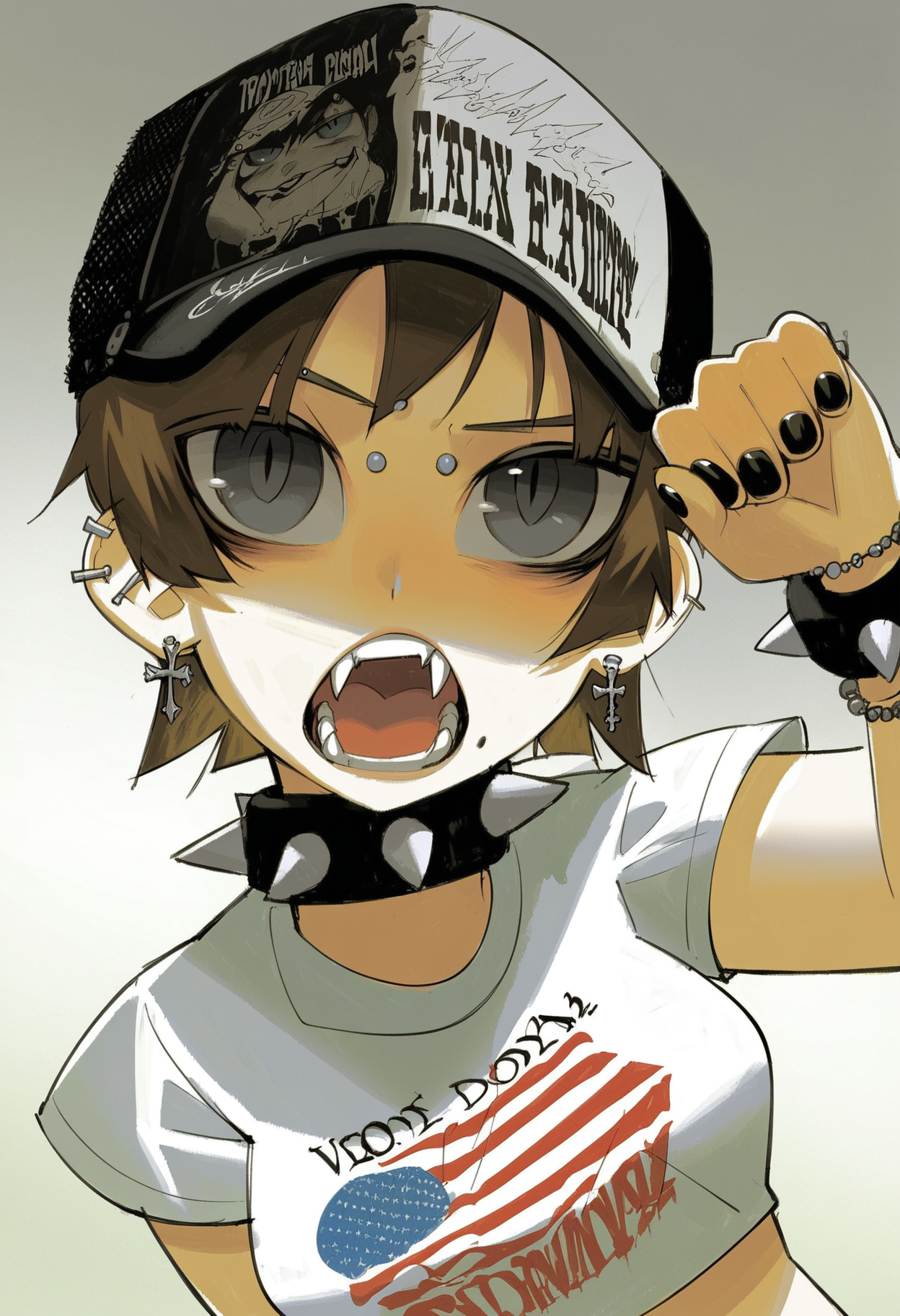 score_9, score_8_up, score_7_up, score_6_up, score_5_up, score_4_up, BREAK
1girl, jewelry, solo, piercing, open mouth, shirt, collar, hat, brown hair, earrings, bracelet, spiked collar, spikes, white shirt, grey eyes, upper body, cross, short hair, eyebrow piercing, cropped shirt, crop top, looking at viewer, short sleeves, gradient background, ear piercing, punk, breasts, black nails, t-shirt, fangs, spiked bracelet, grey background
<lora:vinne_art_style:1>