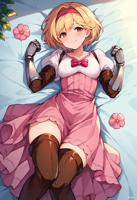 score_9, score_8_up, score_7_up, uncensored, source_anime, 1girl,  <lora:spgbfDjeetaXLPony:1> djeetadef, pink hairband, dress, puffy sleeves, gauntlets, brown thighhighs, thigh boots, sheath, flower, groin, closed mouth, looking at viewer, looking to the side, lying, on back, smile, solo, sleepy