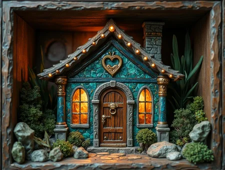 <lora:pixa_atyle-000001.safetensors:1> pixa style,champions,cute
In the realm of timeless craftsmanship, this miniature cottage emerges as a masterpiece of artistry, a fusion of sculpture, mosaic, and intricate jewelry design. Thelight blue resin, now transformed into a tapestry of polished ceramics and carved stone, shimmers under the warm, diffused light of an unseen central source. The cottage, nestled within a rustic, open-front display case crafted from weathered wood, exudes an air of ancient wisdom and mystic reverence.
The wooden door, intricately carved with symbols of protection and prosperity, features a heart-shaped knocker made from finely wrought bronze. The arched windows, framed with elegant silver filigree, peer out through glass panes that catch the light, casting a soft glow within the miniature abode. The stone chimney, adorned with intricate patterns of gold and bronze, rises majestically, a testament to the art of ancient builders.
Surrounding the cottage, lush greenery springs to life in a mosaic of emerald and sapphire tones, with detailed bushes and rocks that seem to have been plucked from the very earth itself. The textures are layered and rich, each element a stroke of the artisan's hand, polished to a fine finish. The entire scene is bathed in a warm, golden light, creating a sense of serenity and harmony.
Ornate embellishments, symmetrically arranged, enhance the cottage's ceremonial and mythic undertones. The central door and windows are flanked by columns of amethyst and jade, adding a touch of regal elegance. The display case, with its weathered wooden frame, serves as a sacred enclosure, protecting the cottage from the outside world and drawing the eye to its intricate details. This miniature masterpiece is a beacon of refinement, a piece of art that inspires reverence and awe, as if it were a sacred relic from a bygone era.