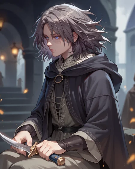score_9, score_8_up, score_7_up, source_anime, sitting, dagger, blurred background, 1girl, DarkMelina, gray hair, scars, hood, <lora:DarkMelina-12:0.9>